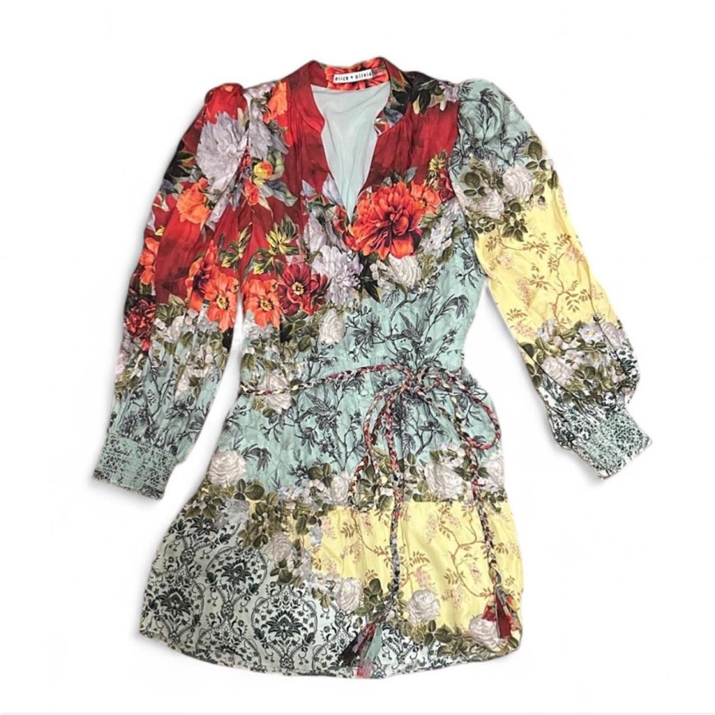Alice + Olivia Floral Long Sleeve Dress - Red, Yellow, Green